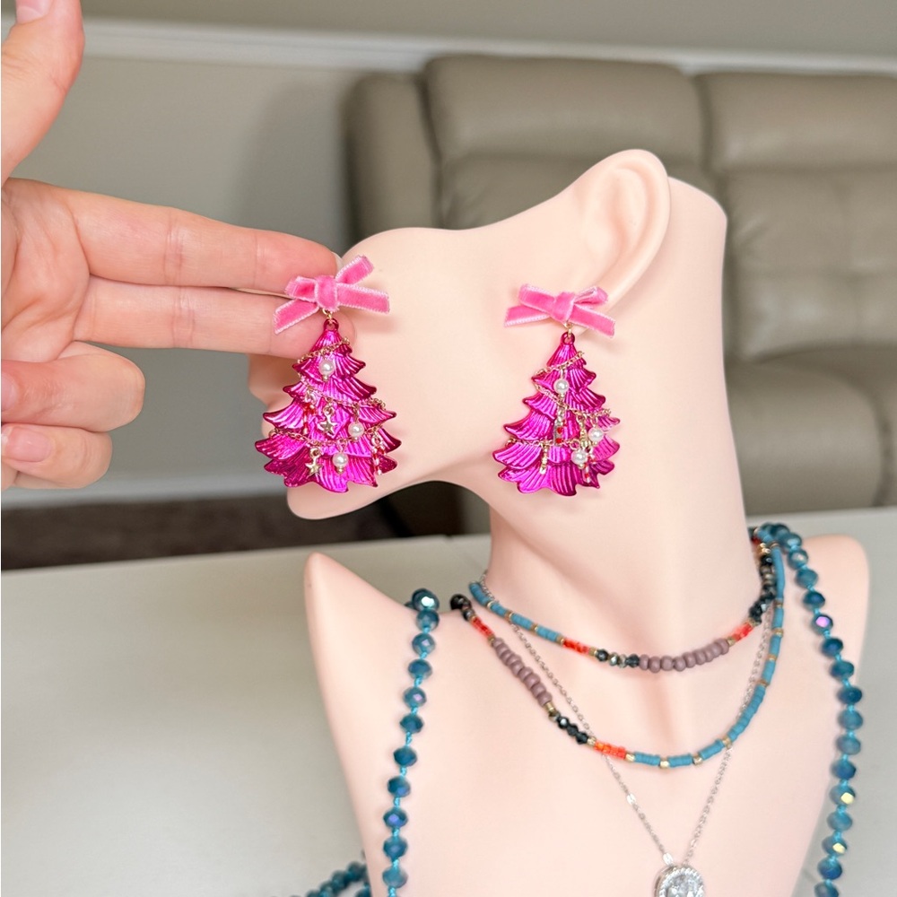 Pink Ribbon Tree Drop Earrings - Picture 12 of 13